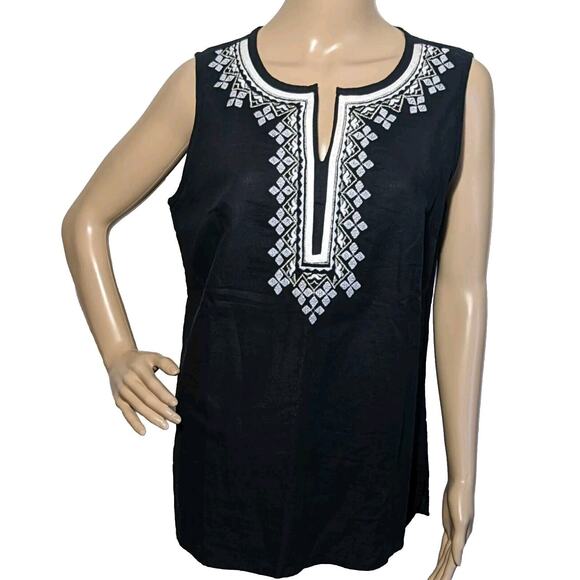 Talbots Women's 6 Linen & Cotton Black Tunic Top Sleeveless Embroidered V Neck - Picture 1 of 7